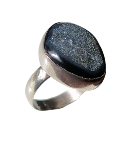 925 Sterling Silver and Black Druzy Ring