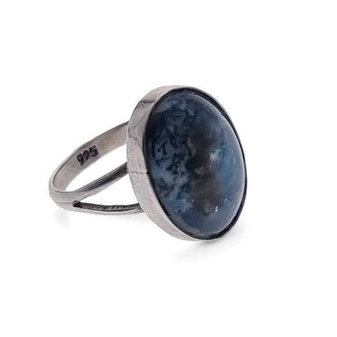 925 Sterling Silver and Moss Agate Oval Ring