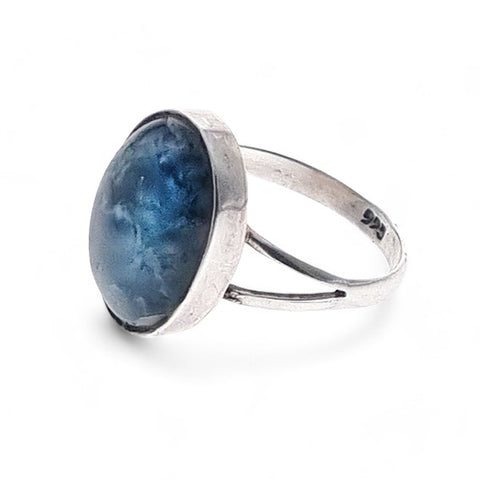 925 Sterling Silver and Moss Agate Oval Ring